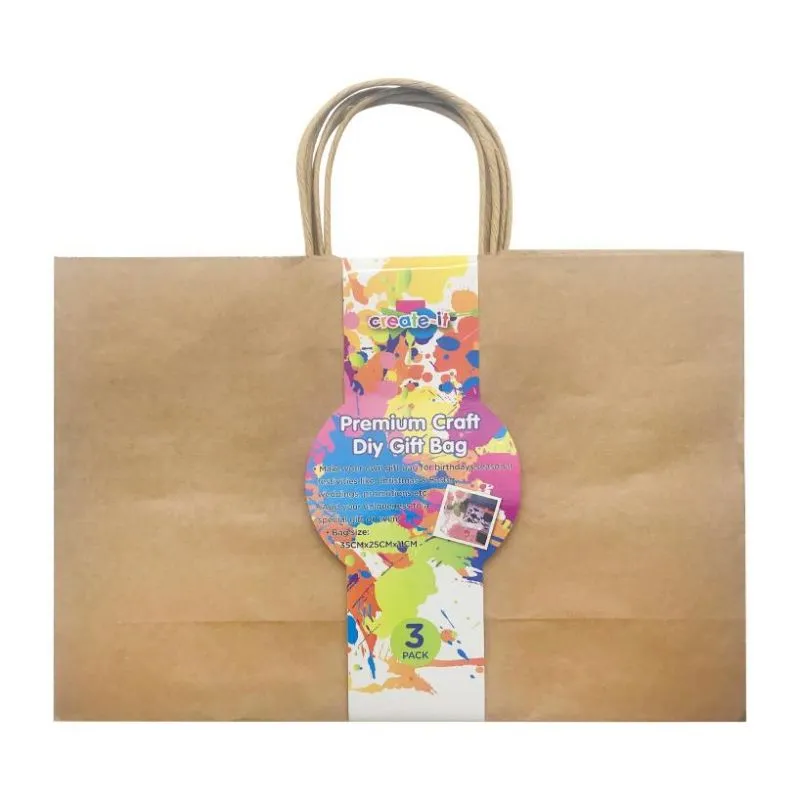 3 Pack DIY Brown Gift Bags - 35cm x 25cm x 5cm