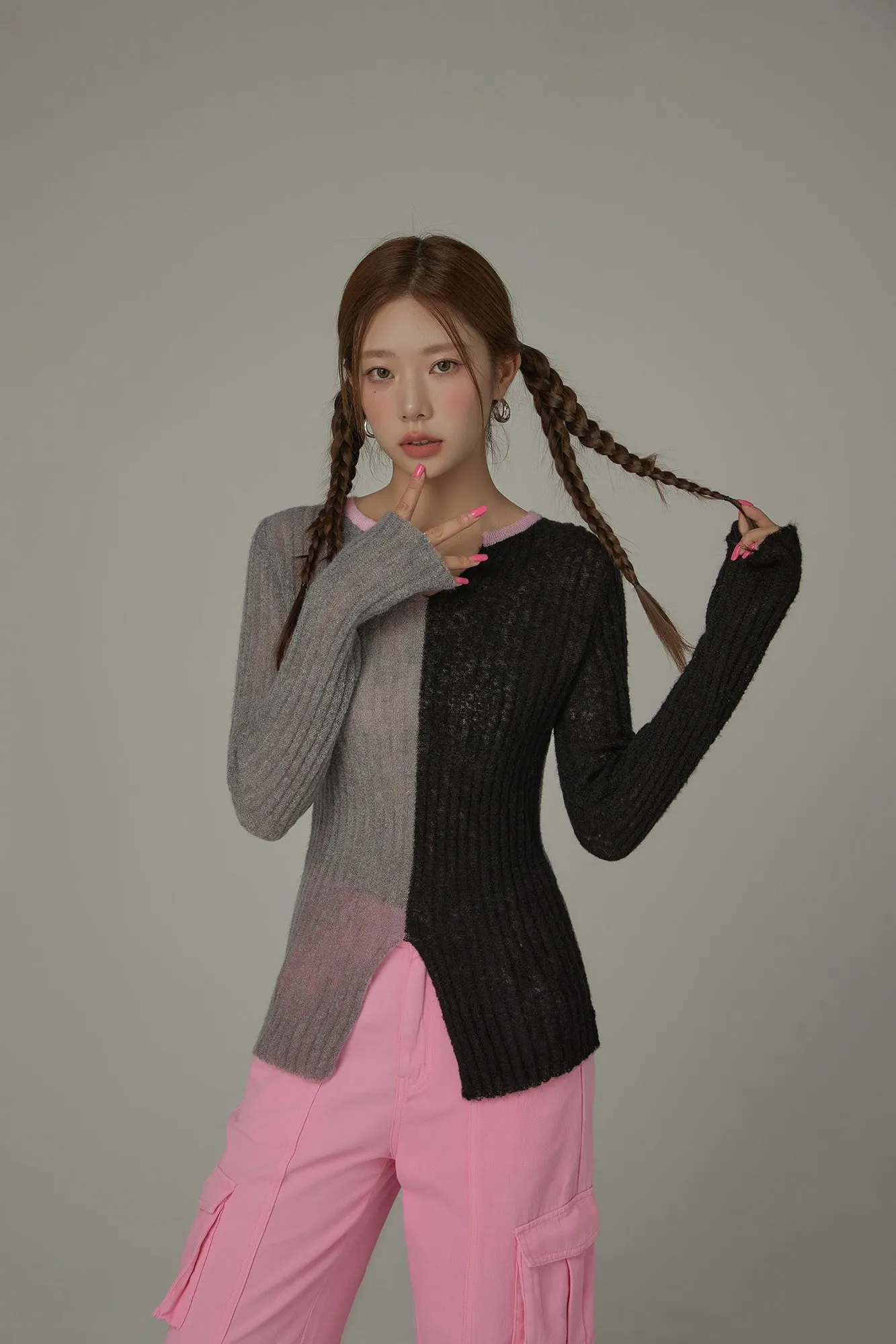 Bicolor Block Long Sleeves Knit Sweater