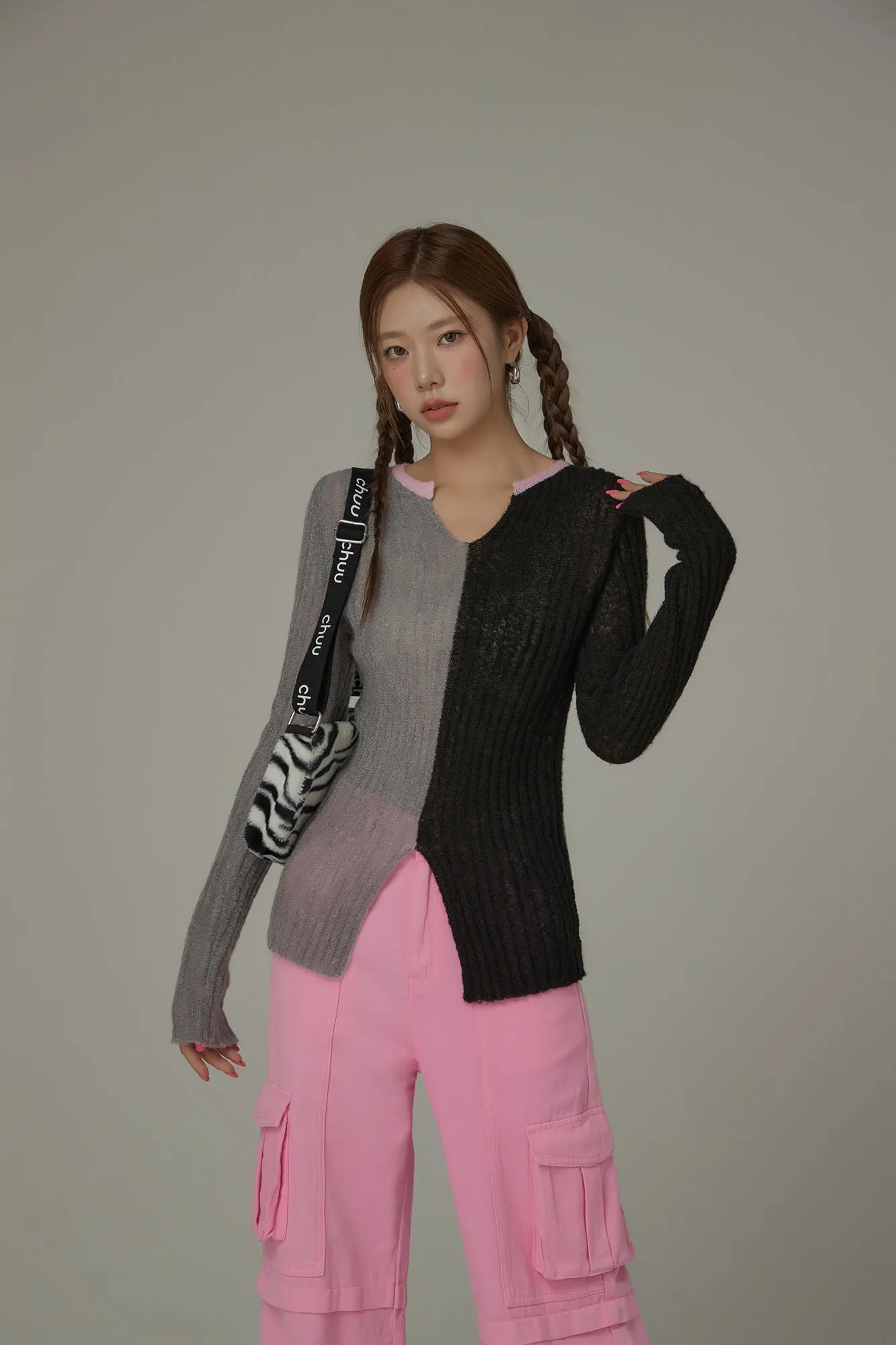 Bicolor Block Long Sleeves Knit Sweater