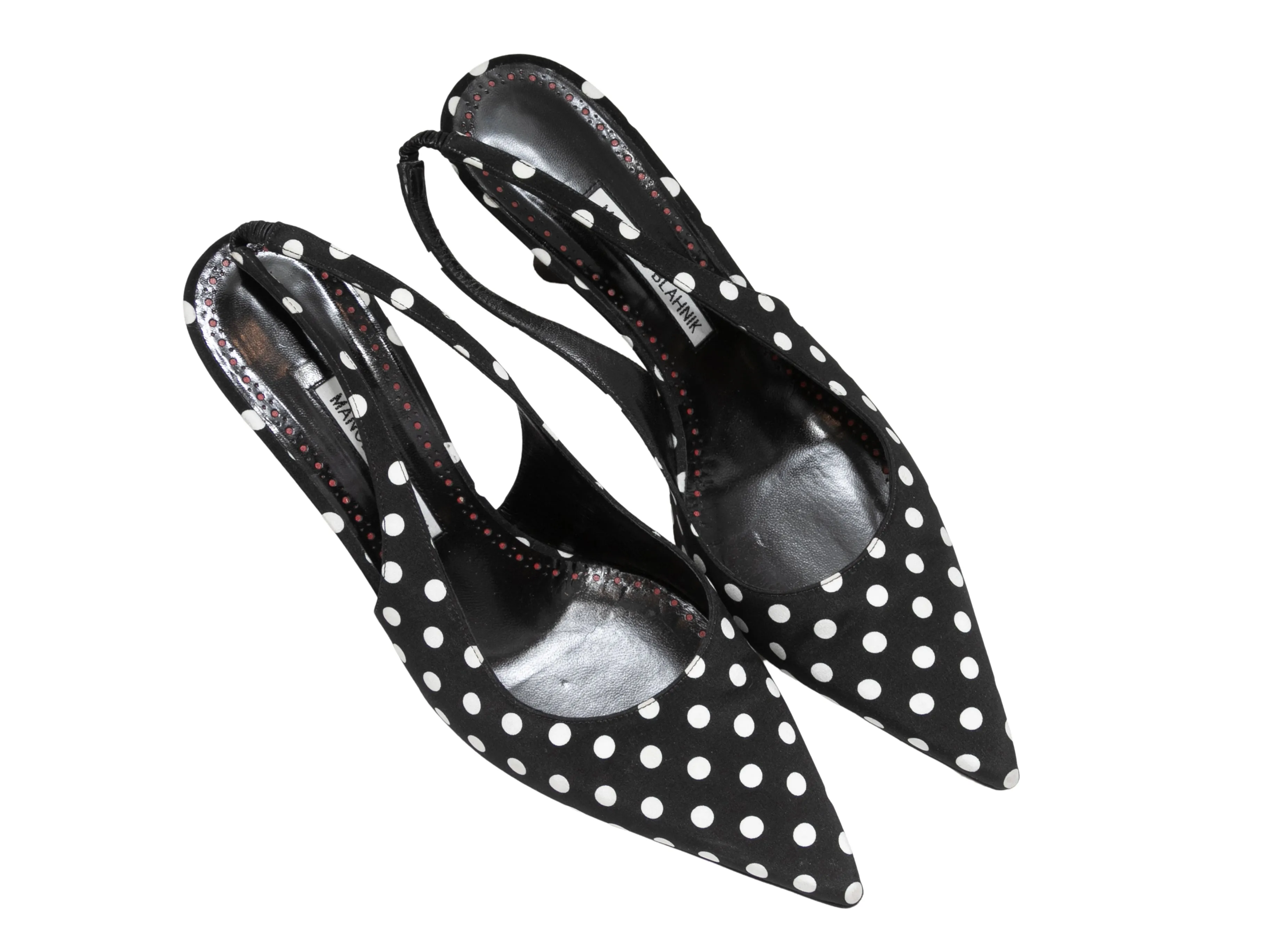 Black & White Manolo Blahnik Pointed-Toe Polka Dot Slingbacks Size 41.5