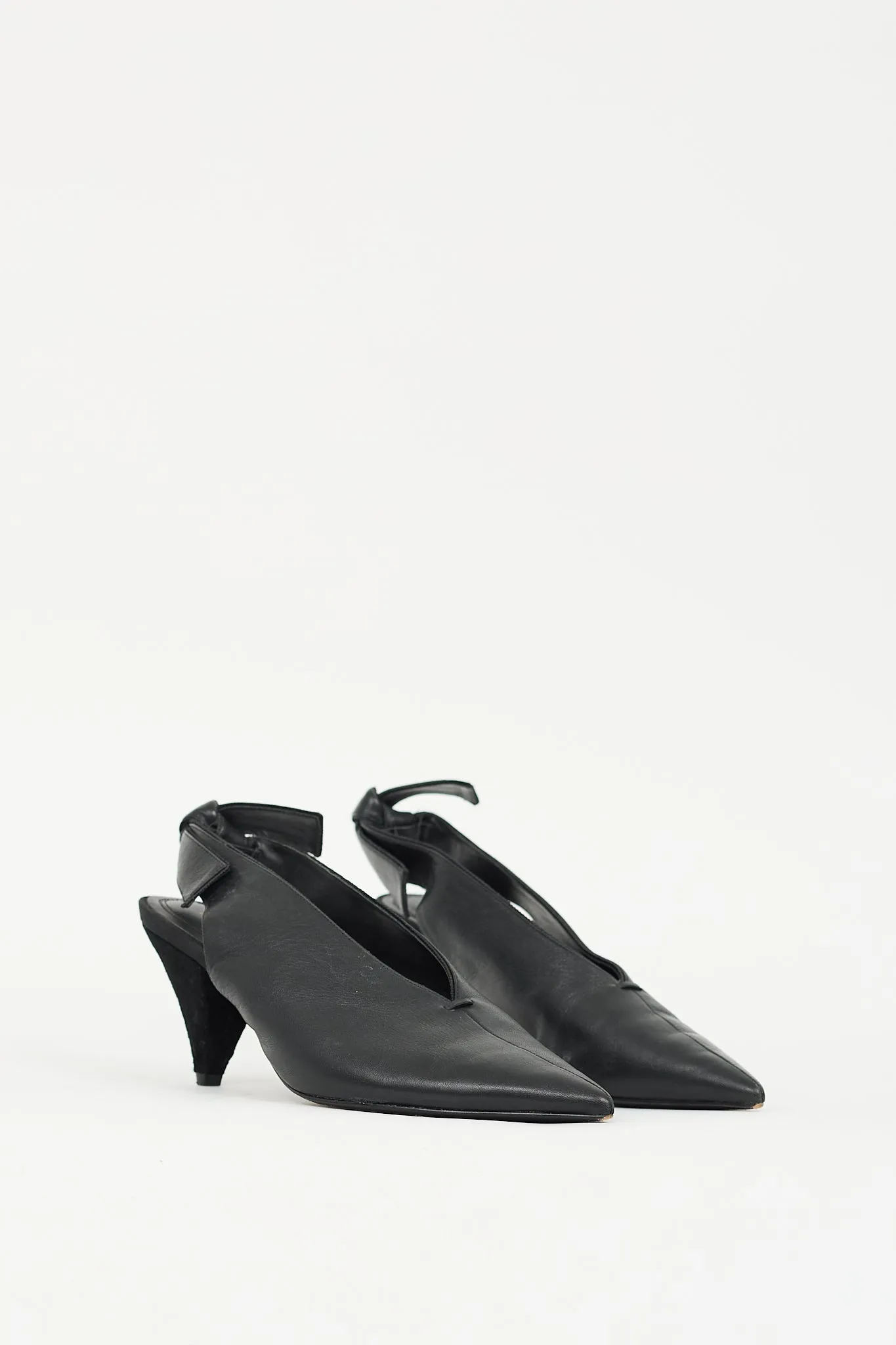 Black Leather Paris V-Neck Slingback Heel