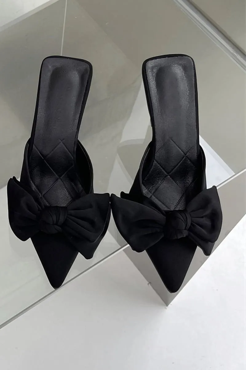 Black Pointed Toe Bow Tie Kitten Heels Mule