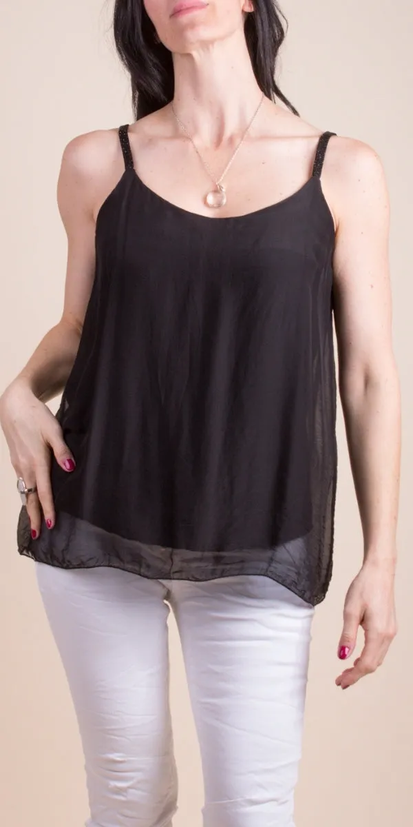 Black Silk Tank w/ Metallic Thread Straps