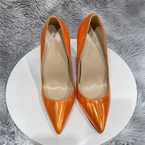 Bling orange concise 12cm 10cm 8cm super high heels pointed toe customize handmade work party wedding lady pumps QP179 ROVICIYA