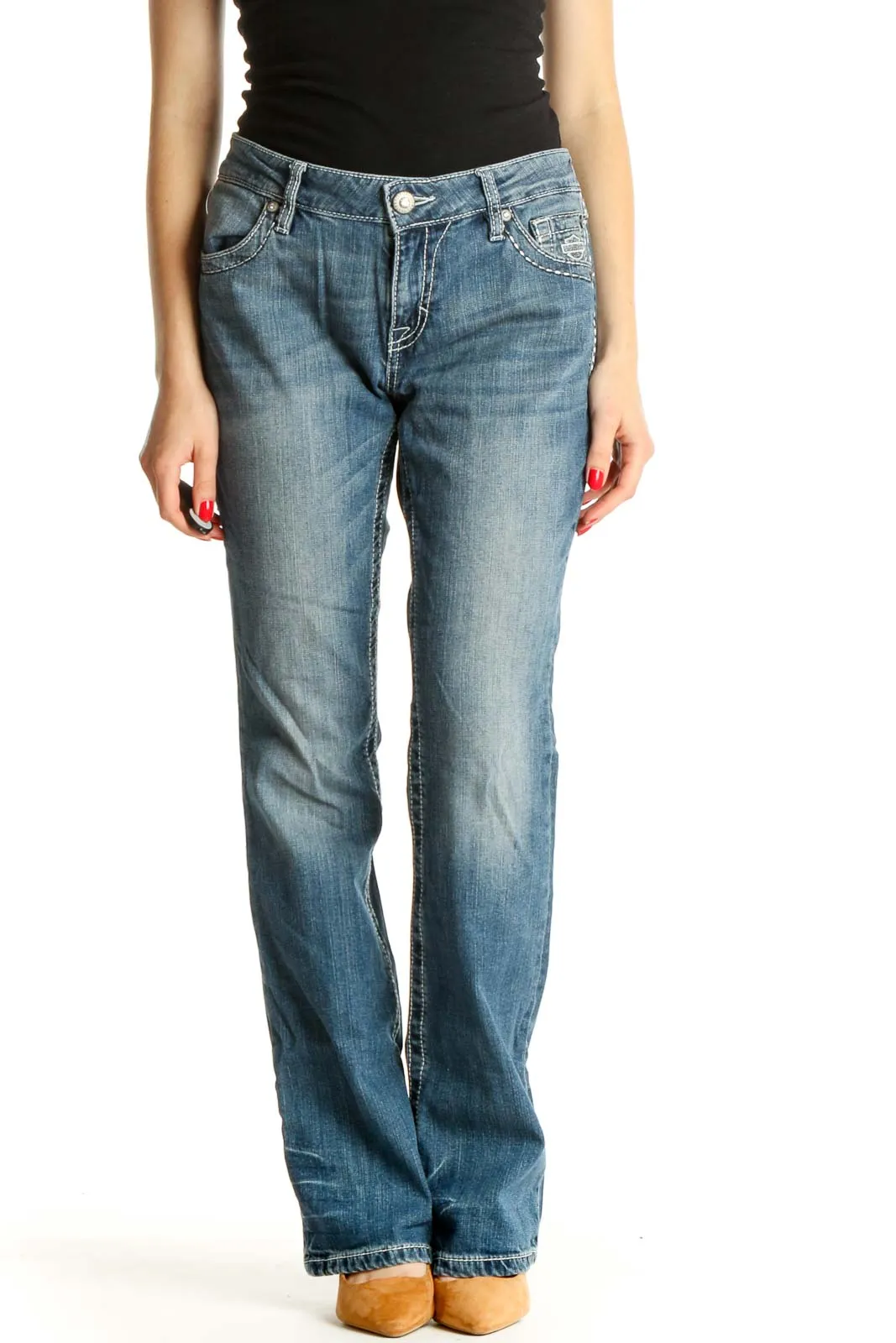 Blue Straight Leg Sequin Jeans