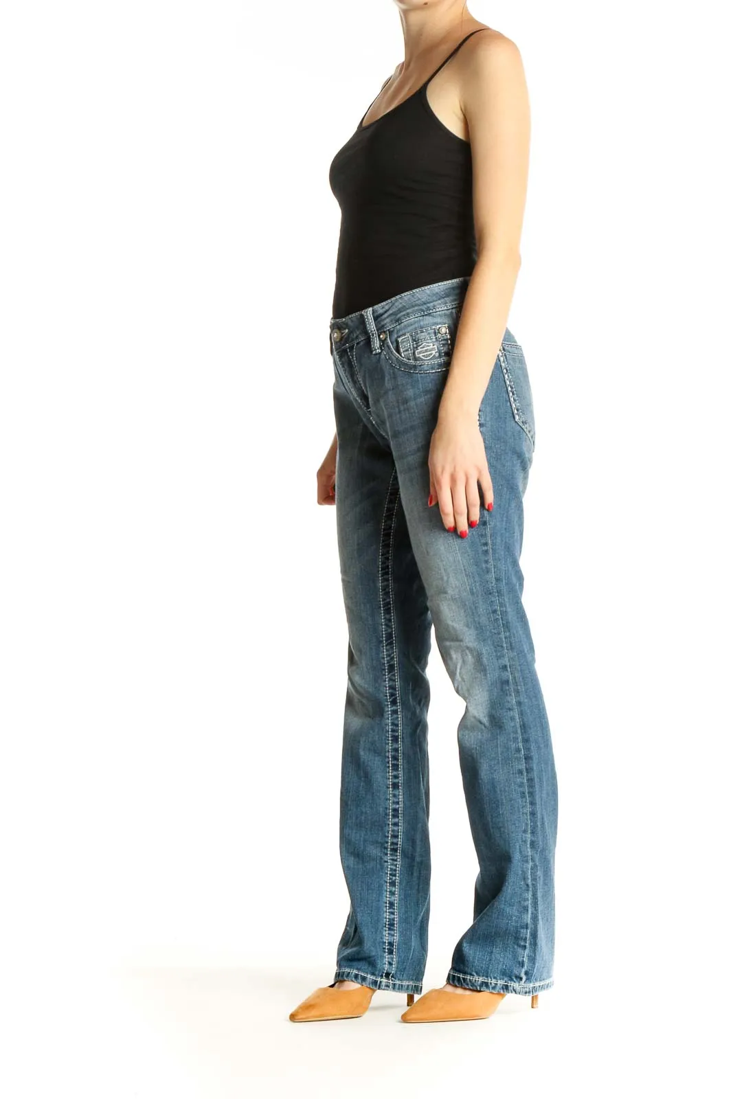 Blue Straight Leg Sequin Jeans