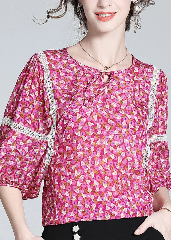 Chic Rose O-Neck Print Neck Tie Silk Tops Short Sleeve LY1019