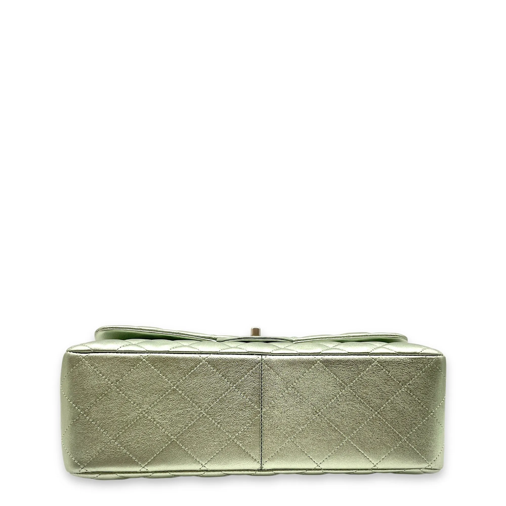 Classic Double Flap Metallic Green Shoulder Bag in Lambskin, Matte Ruthenium hardware