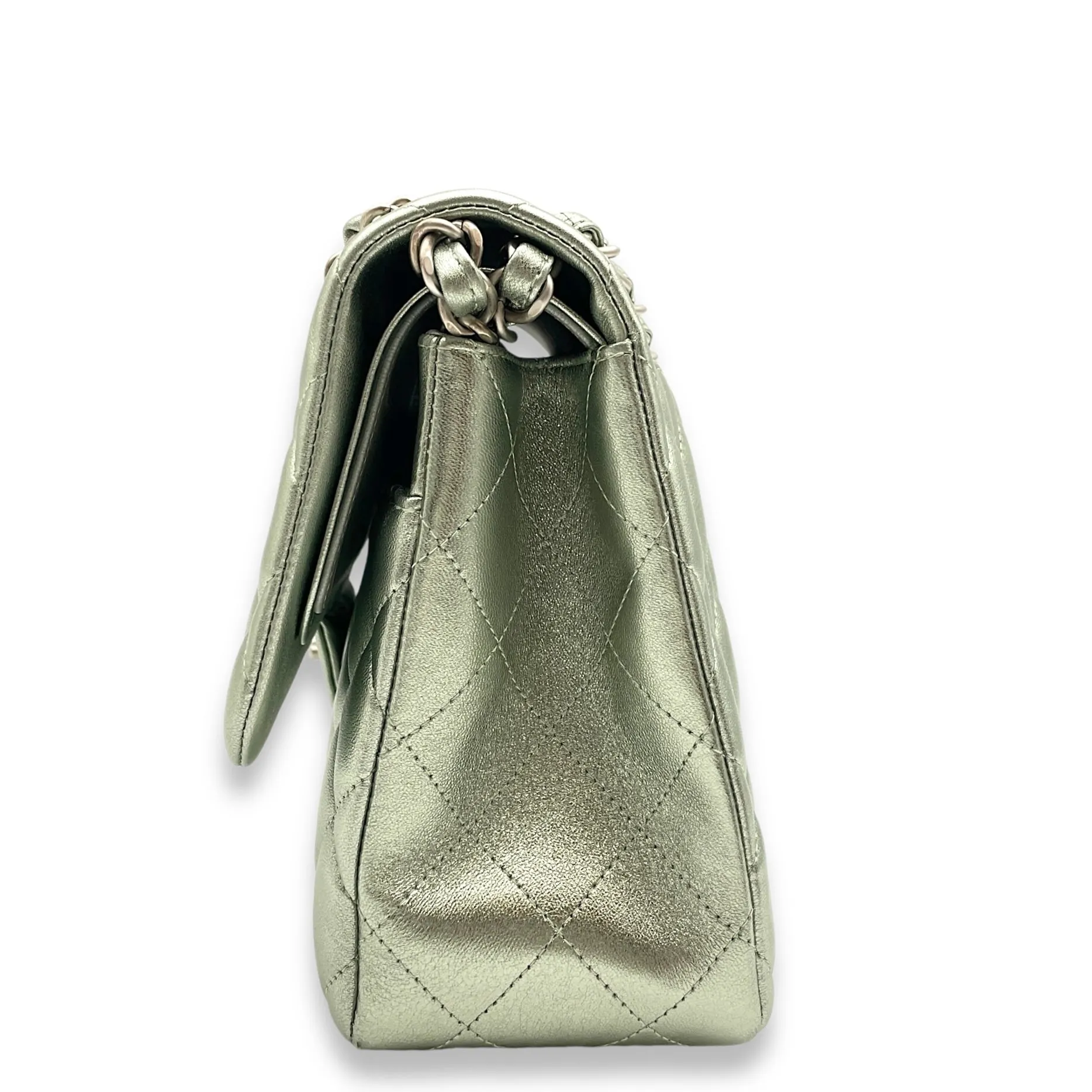 Classic Double Flap Metallic Green Shoulder Bag in Lambskin, Matte Ruthenium hardware