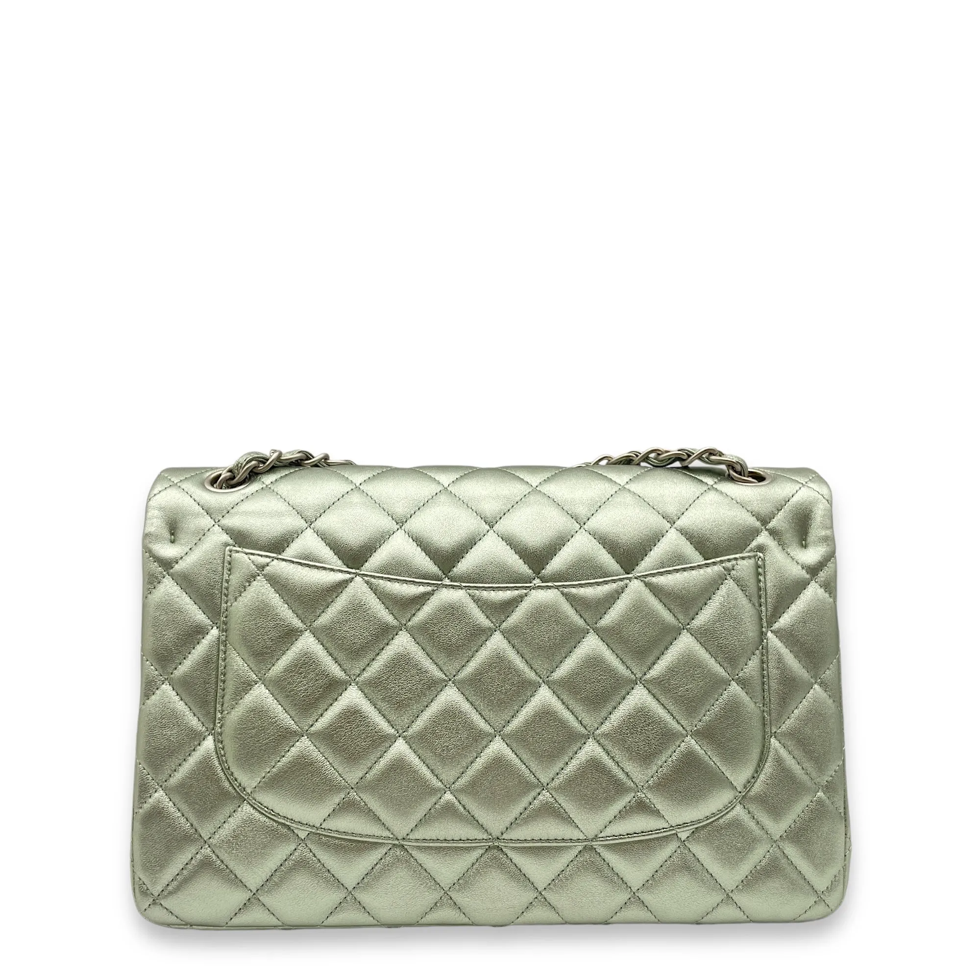 Classic Double Flap Metallic Green Shoulder Bag in Lambskin, Matte Ruthenium hardware