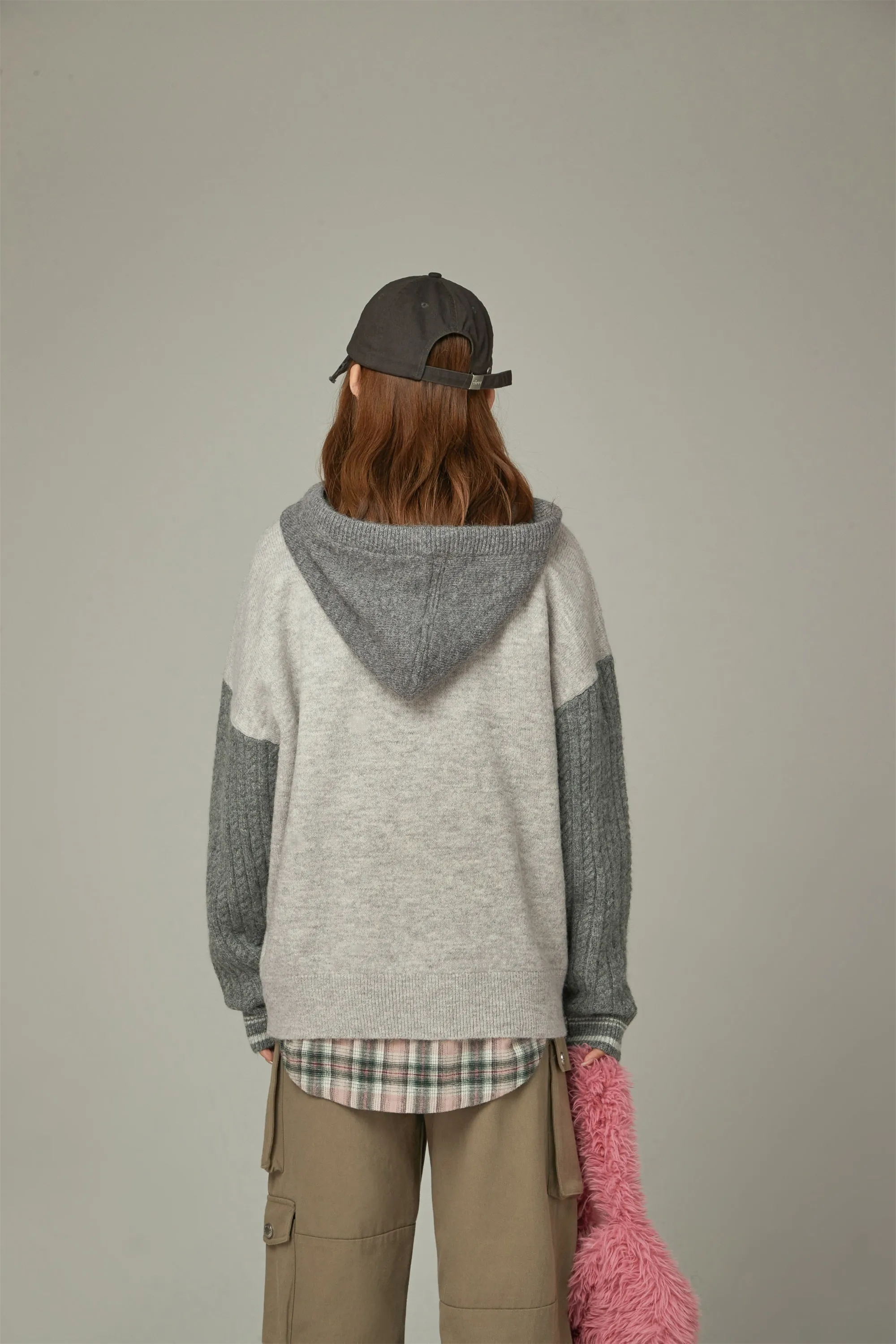 Color Combination Hood Knit Sweater