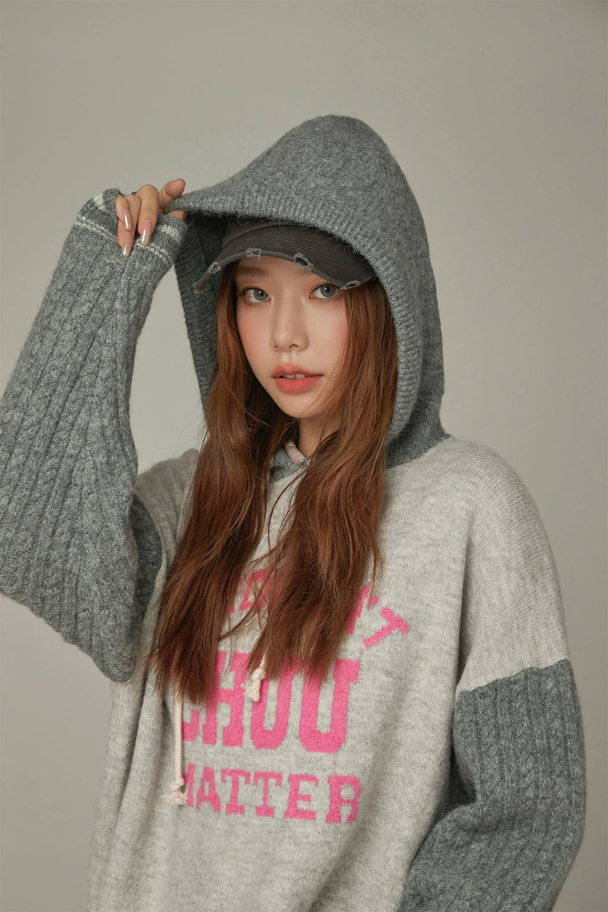 Color Combination Hood Knit Sweater