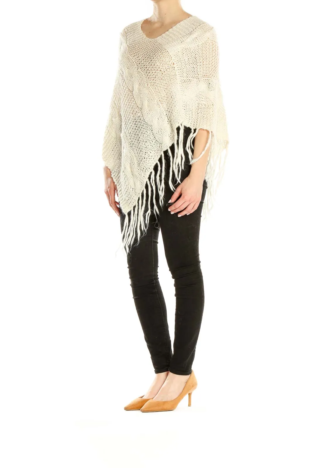 Cream Knit Fringe Poncho