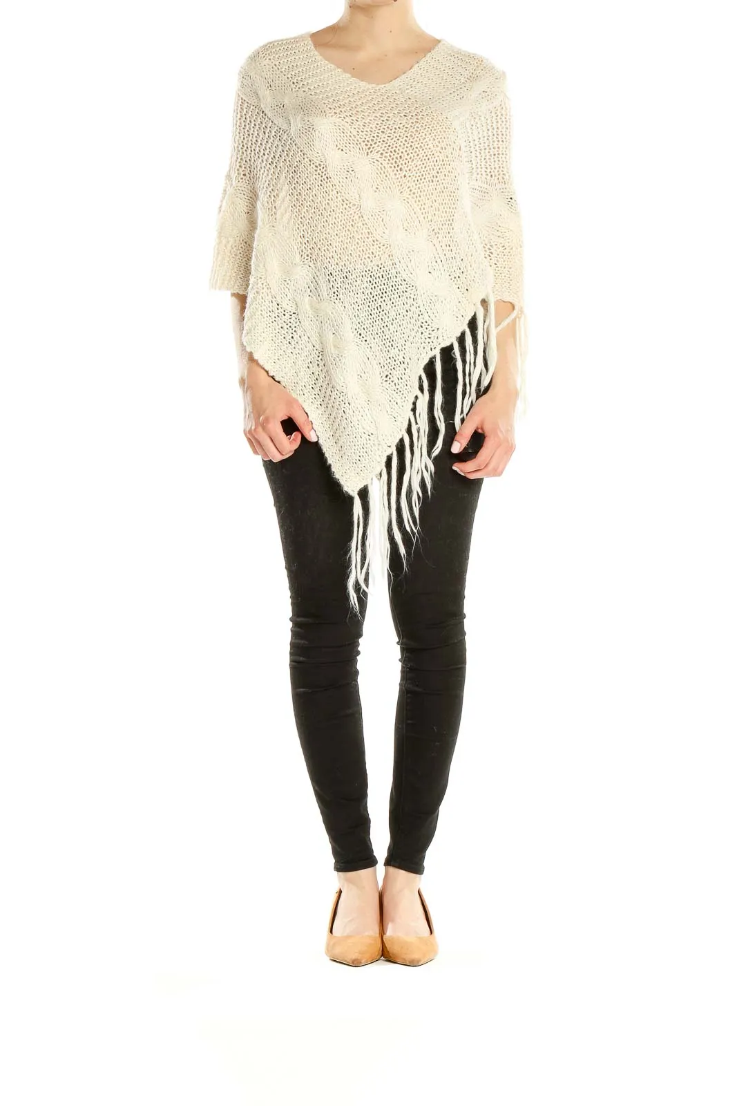 Cream Knit Fringe Poncho