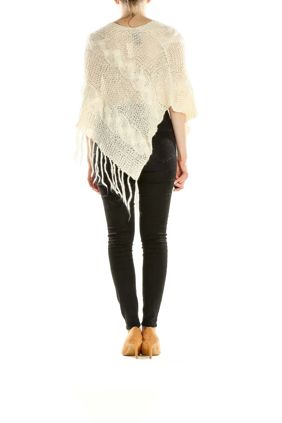 Cream Knit Fringe Poncho