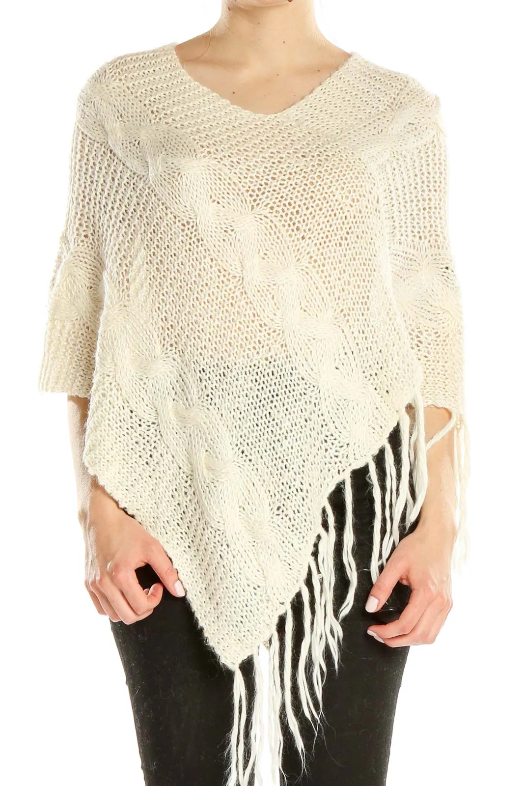 Cream Knit Fringe Poncho