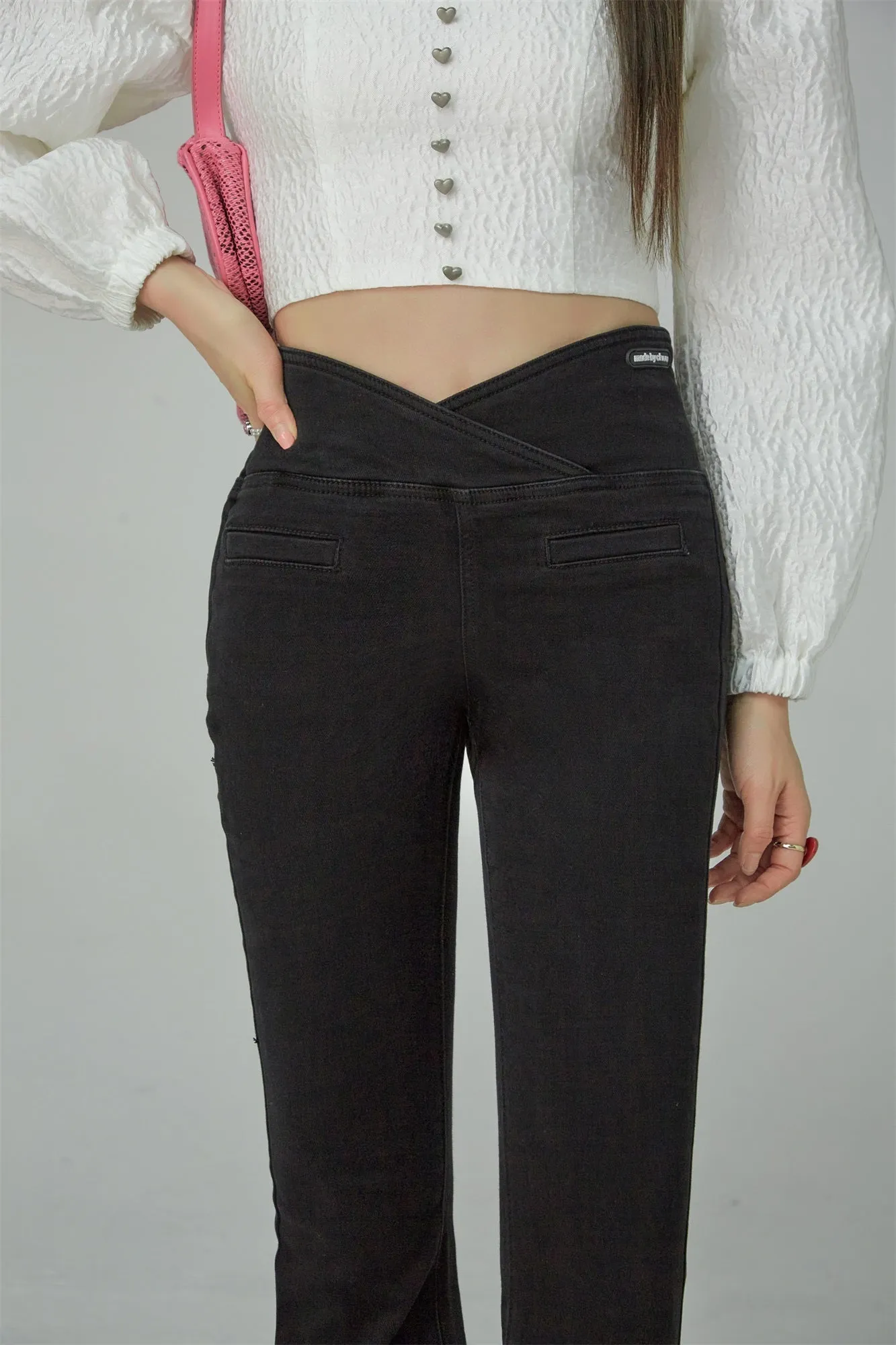 Cross Front High-Waist Flared Jeans