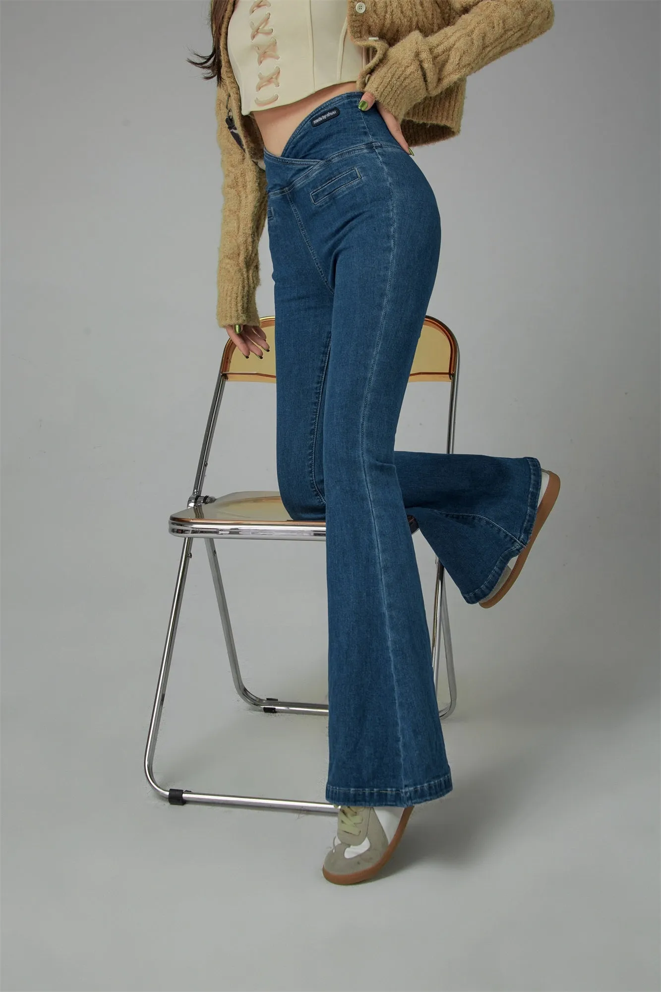 Cross Front High-Waist Flared Jeans