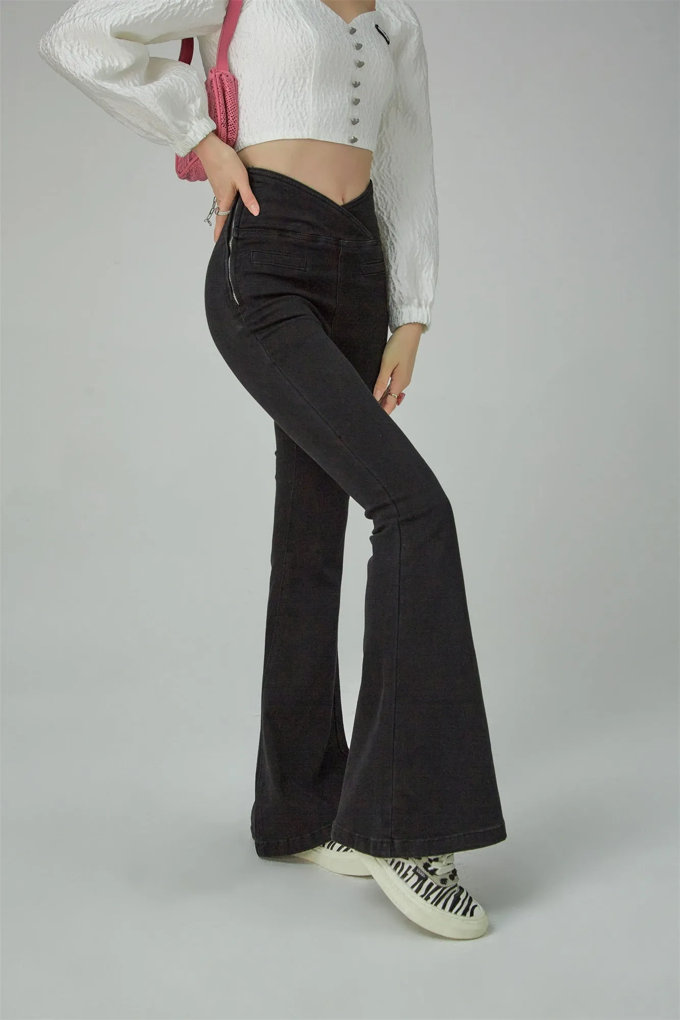 Cross Front High-Waist Flared Jeans