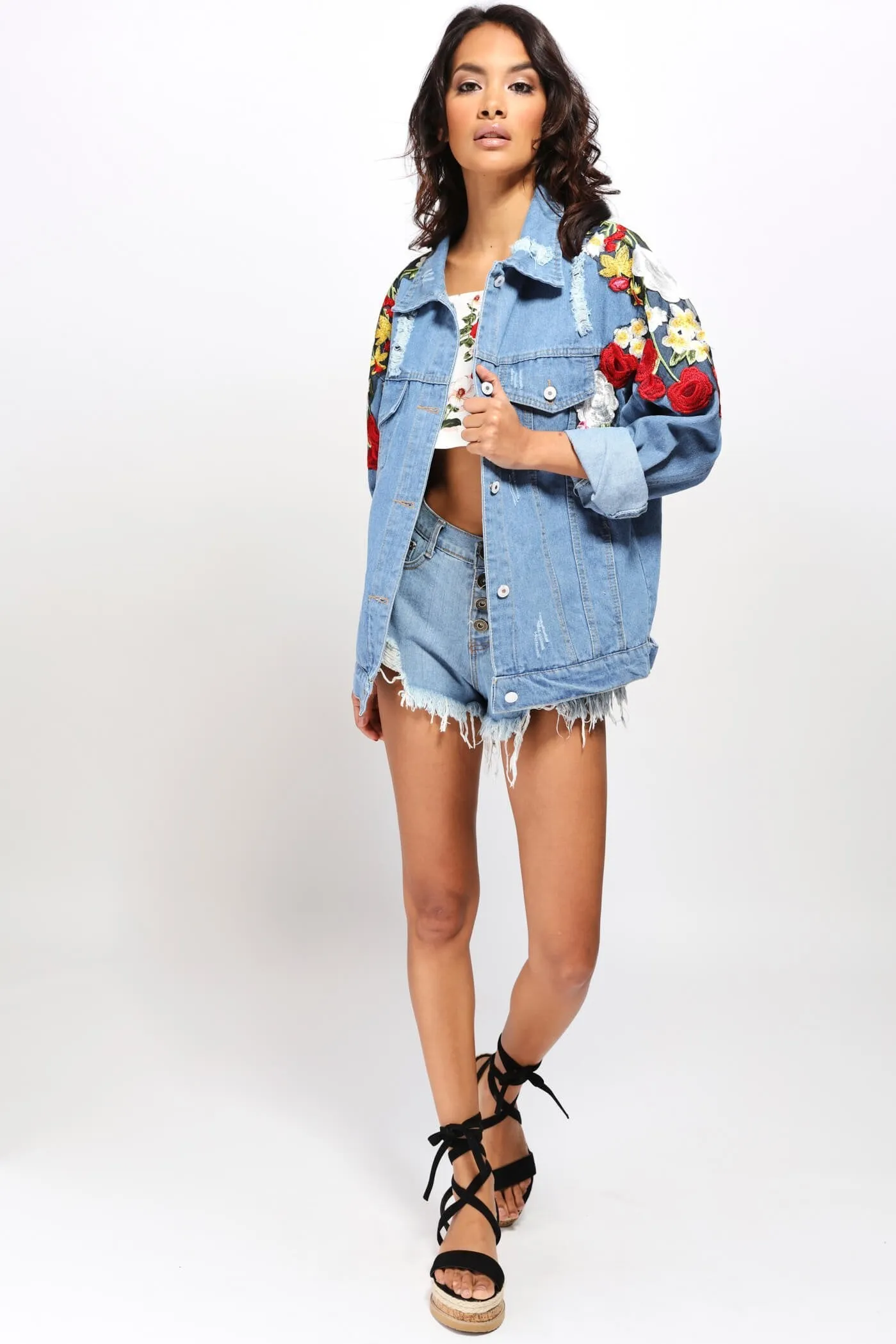 Denim Blue Floral Embroidered Denim Jacket