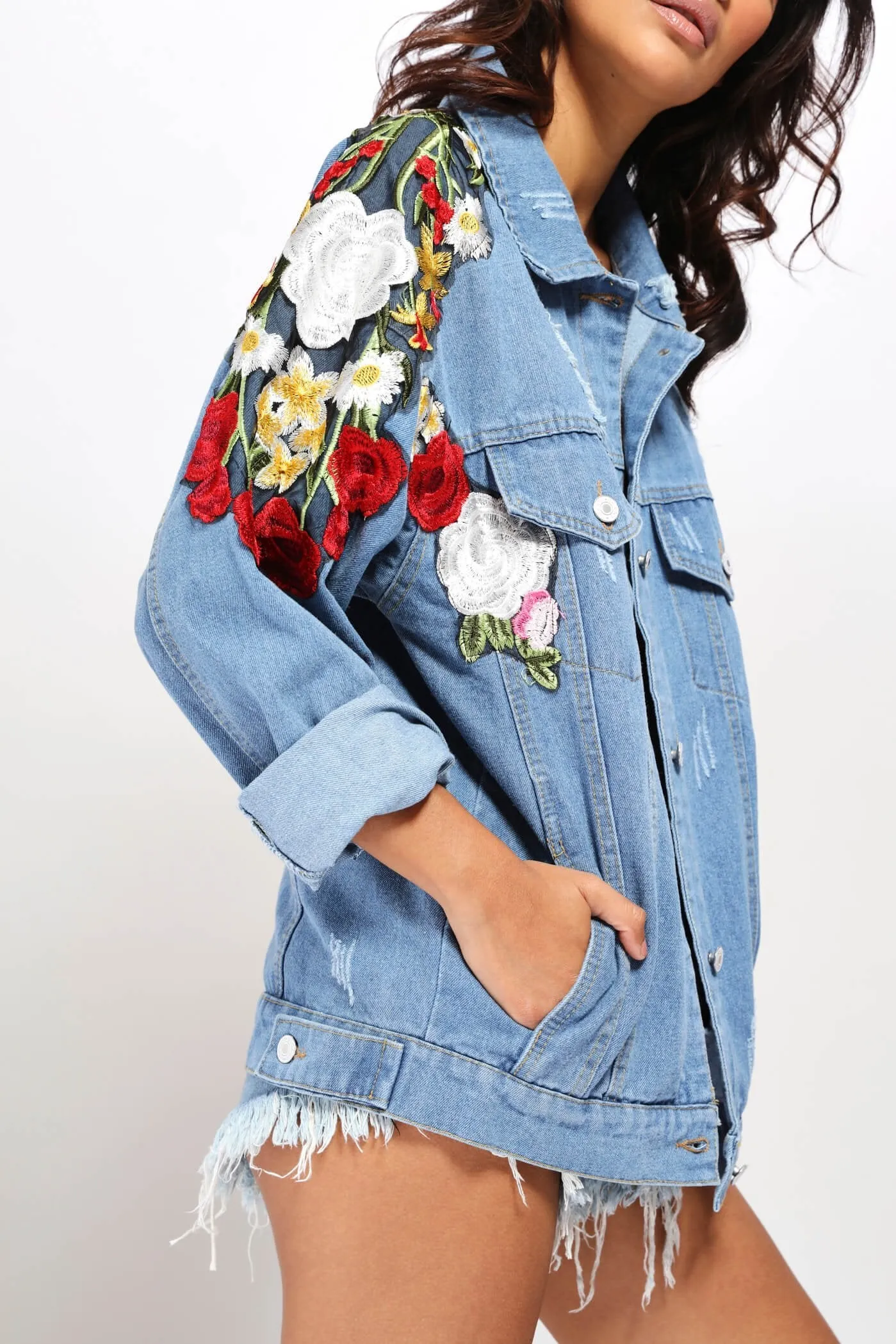 Denim Blue Floral Embroidered Denim Jacket