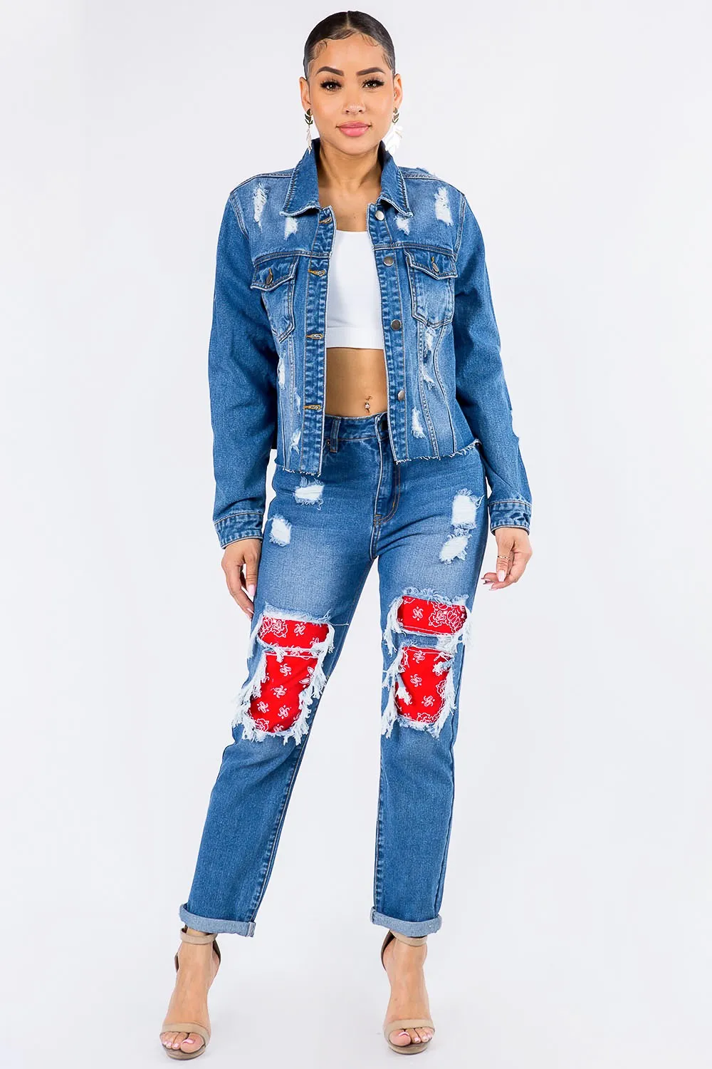 Distressed Bandana Patchwork Denim Jacket