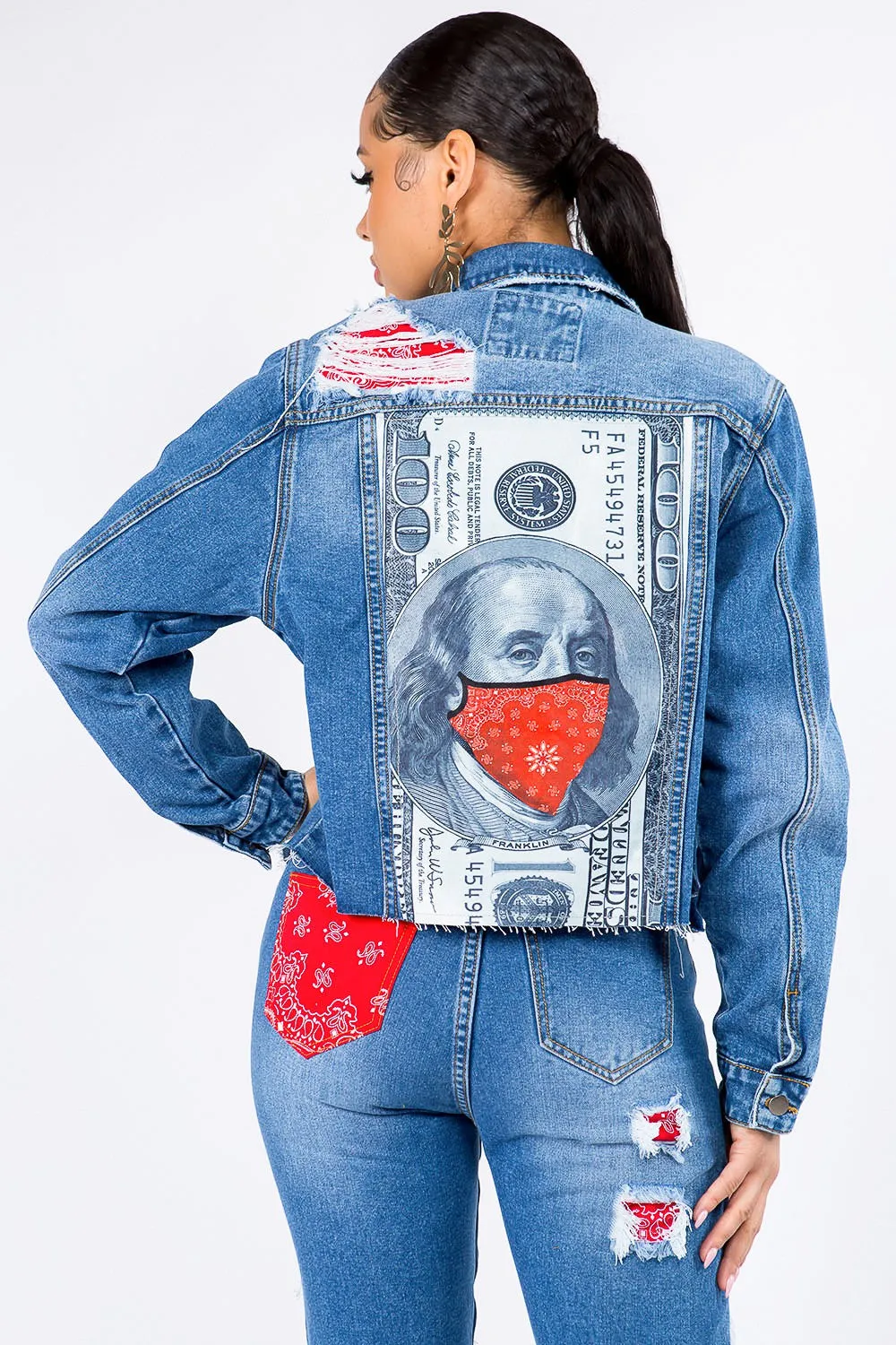 Distressed Bandana Patchwork Denim Jacket