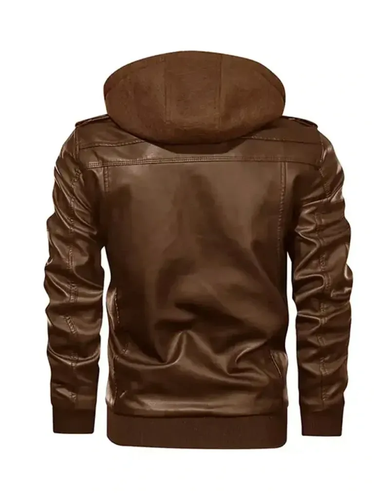 Distressed Brown Hooded Style Genuine Leather Jacket