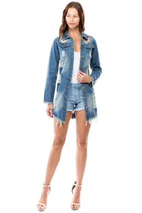 Distressed long DENIM JACKET