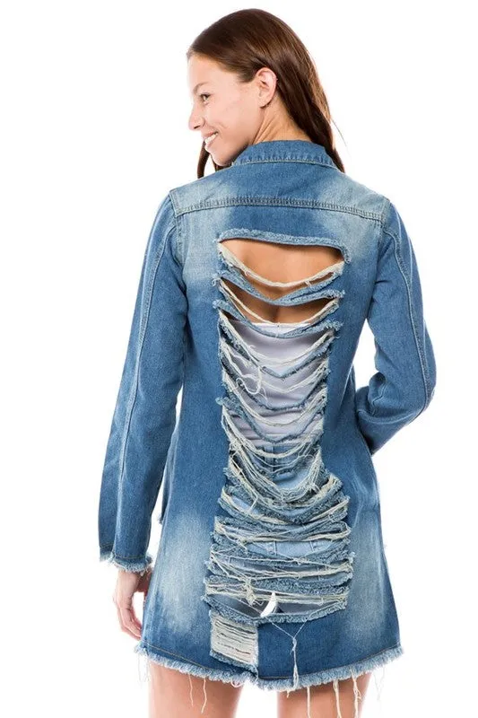 Distressed long DENIM JACKET