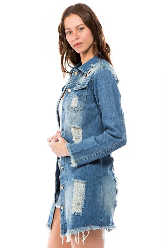 Distressed long DENIM JACKET