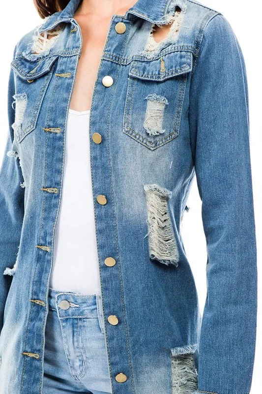 Distressed long DENIM JACKET