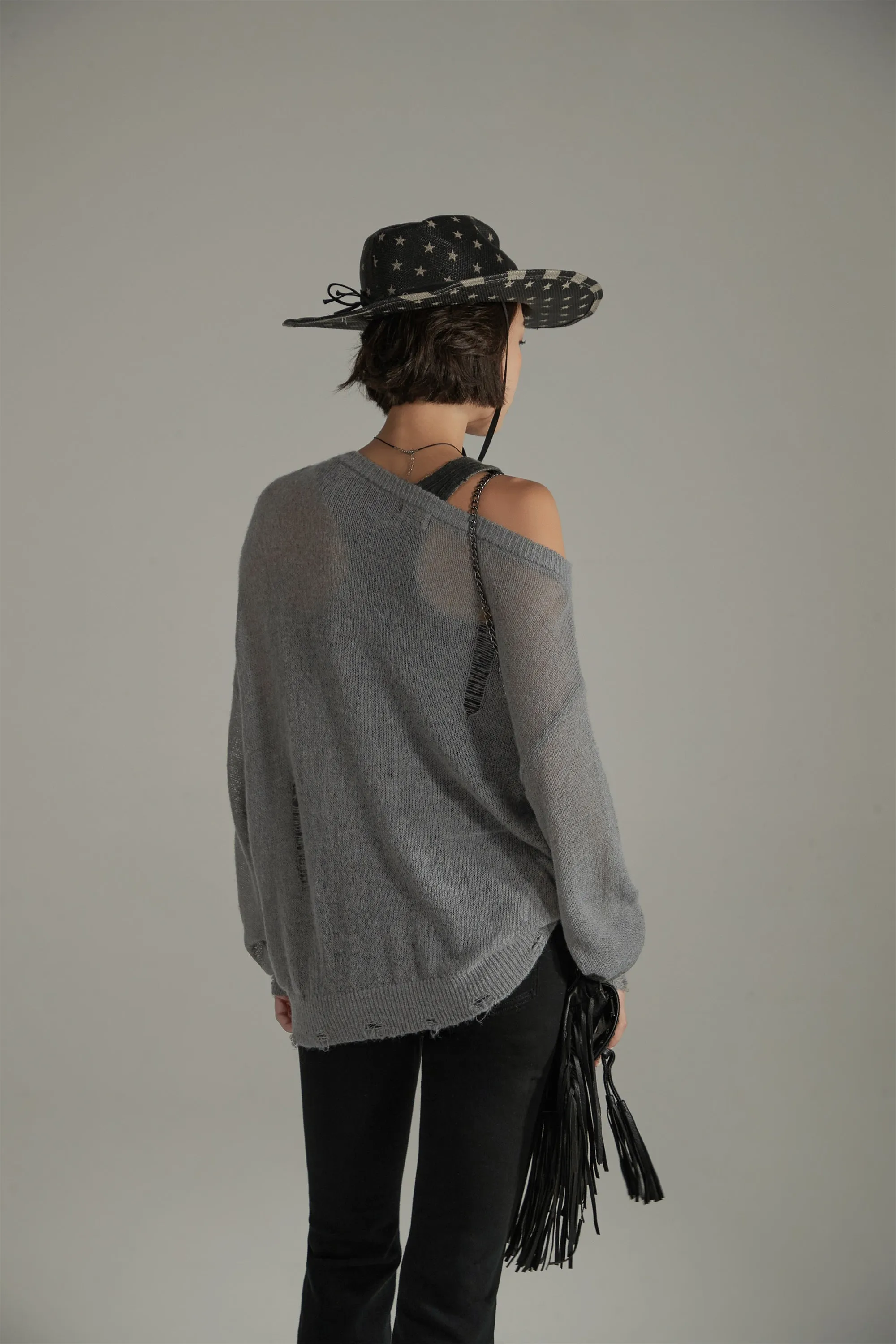 Distressed Ripped Thin Long Sleeved Knit Sweater