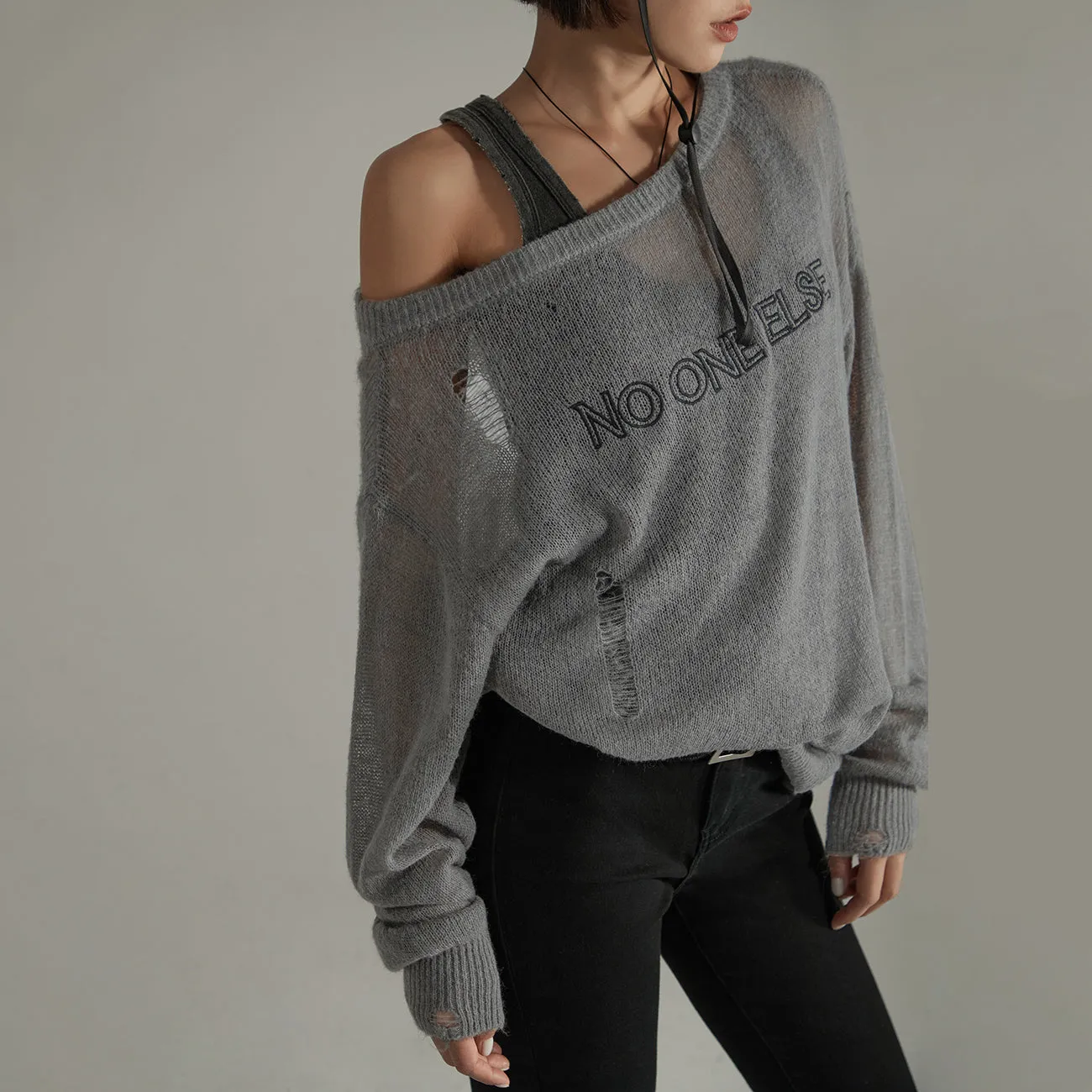 Distressed Ripped Thin Long Sleeved Knit Sweater