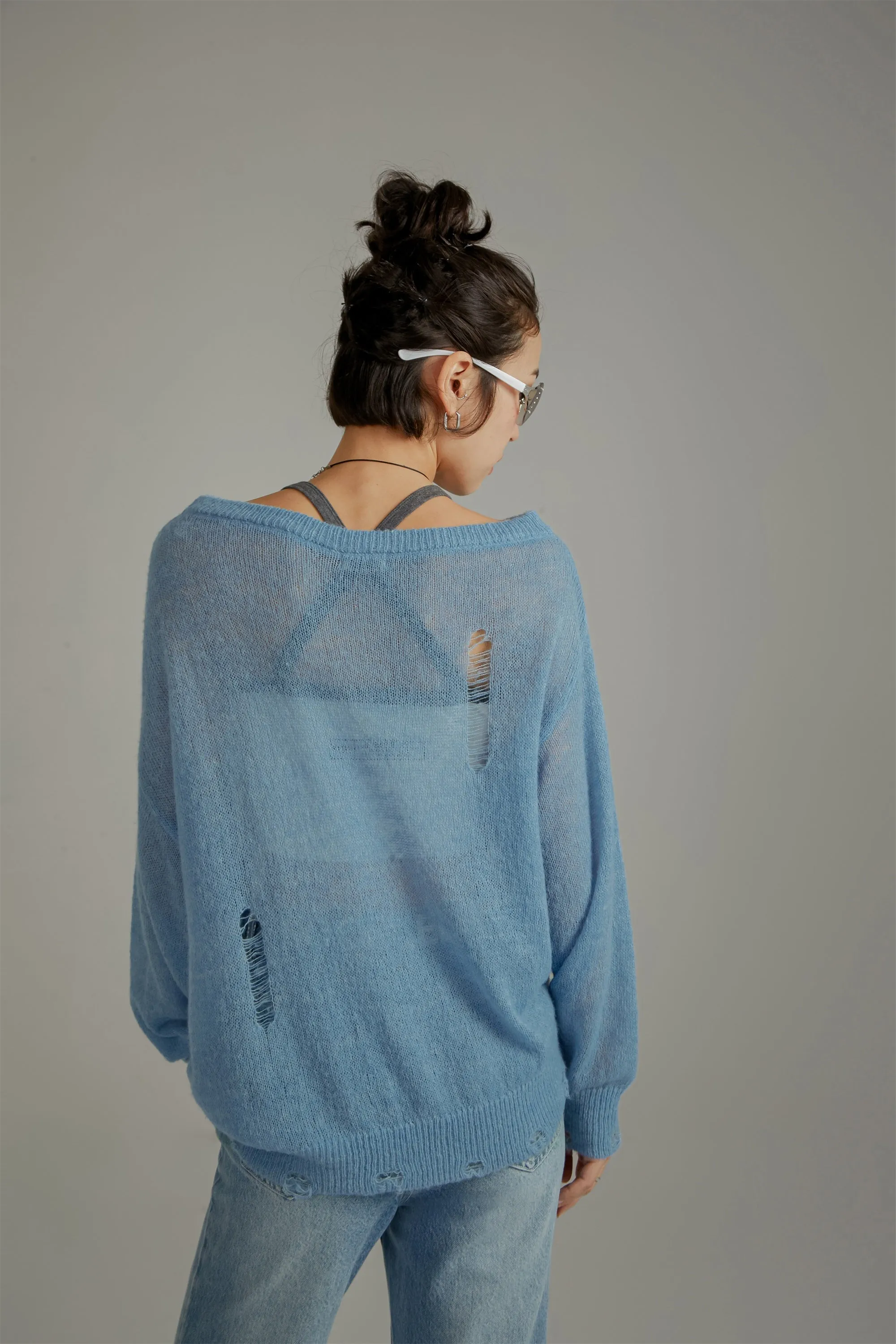 Distressed Ripped Thin Long Sleeved Knit Sweater