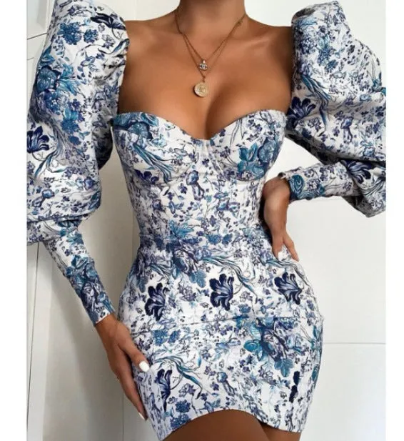 Fashion Printed Puff Sleeve Wrapped Sexy Slim bodycon dress