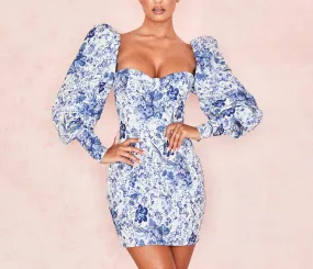 Fashion Printed Puff Sleeve Wrapped Sexy Slim bodycon dress