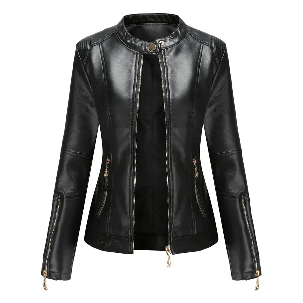 Faux Leather Women Coat Full Sleeve Round Neck Slim Fit Solid Sexy Regular Jackets Zipper