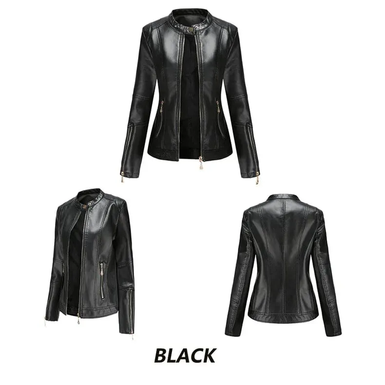 Faux Leather Women Coat Full Sleeve Round Neck Slim Fit Solid Sexy Regular Jackets Zipper