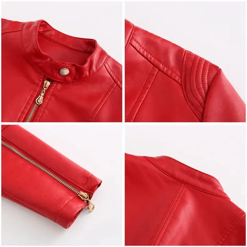 Faux Leather Women Coat Full Sleeve Round Neck Slim Fit Solid Sexy Regular Jackets Zipper