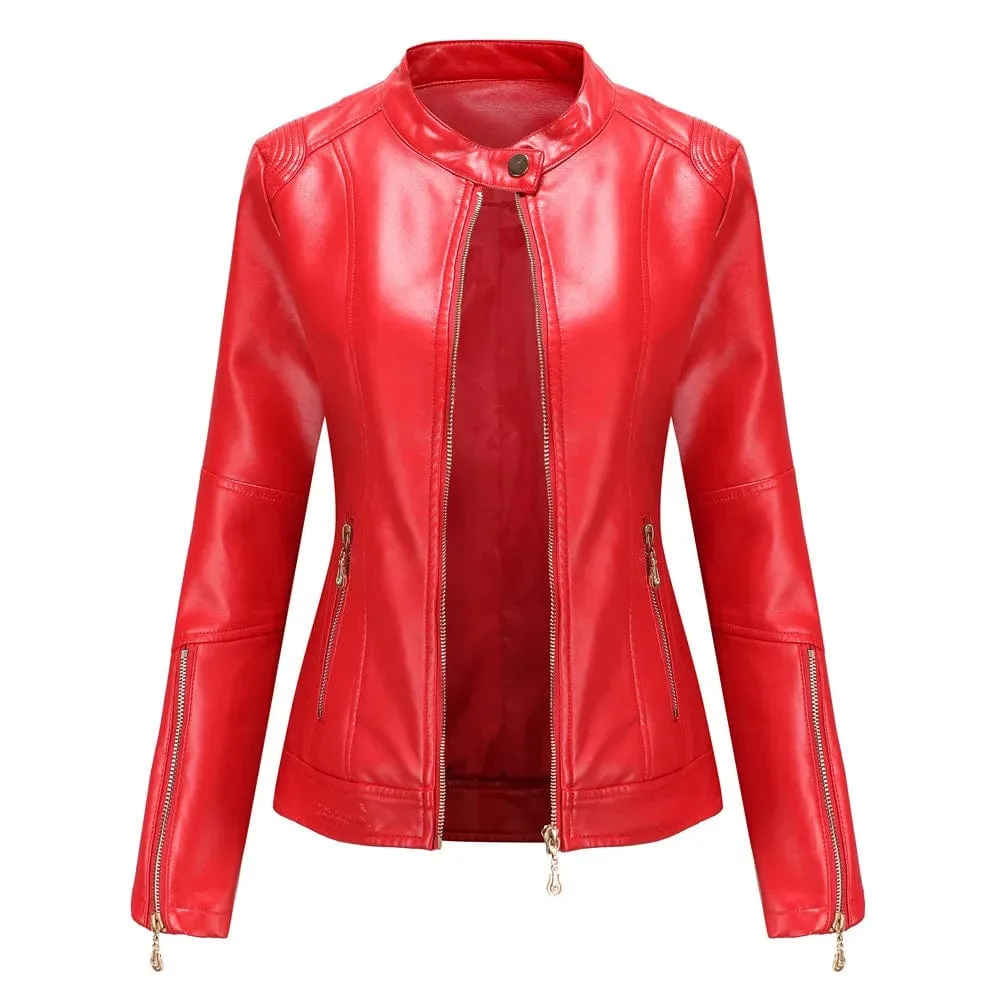 Faux Leather Women Coat Full Sleeve Round Neck Slim Fit Solid Sexy Regular Jackets Zipper