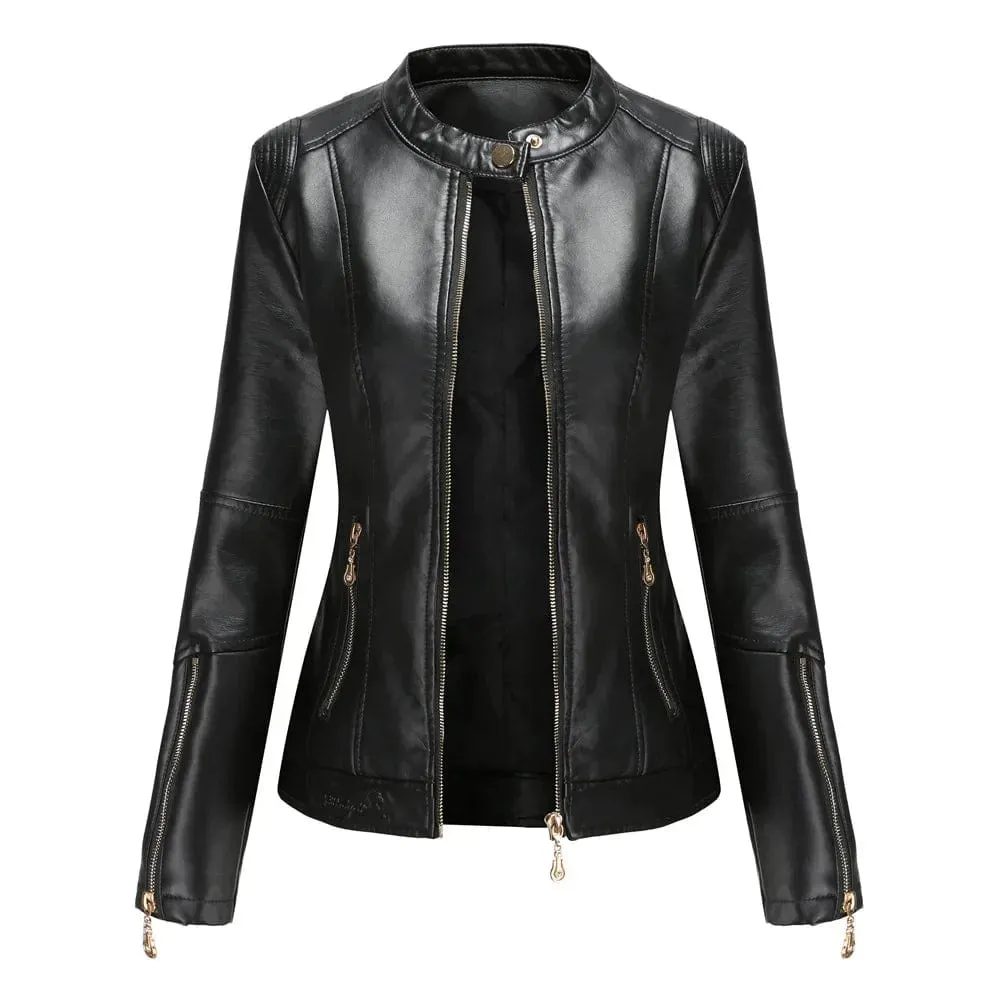 Faux Leather Women Coat Full Sleeve Round Neck Slim Fit Solid Sexy Regular Jackets Zipper