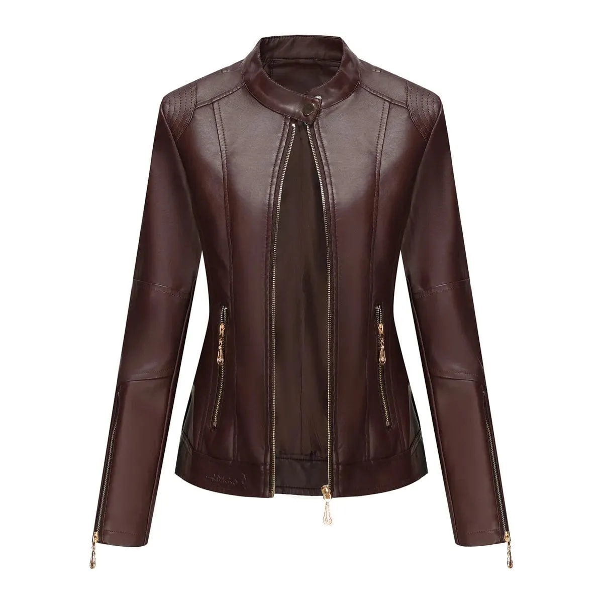 Faux Leather Women Coat Full Sleeve Round Neck Slim Fit Solid Sexy Regular Jackets Zipper