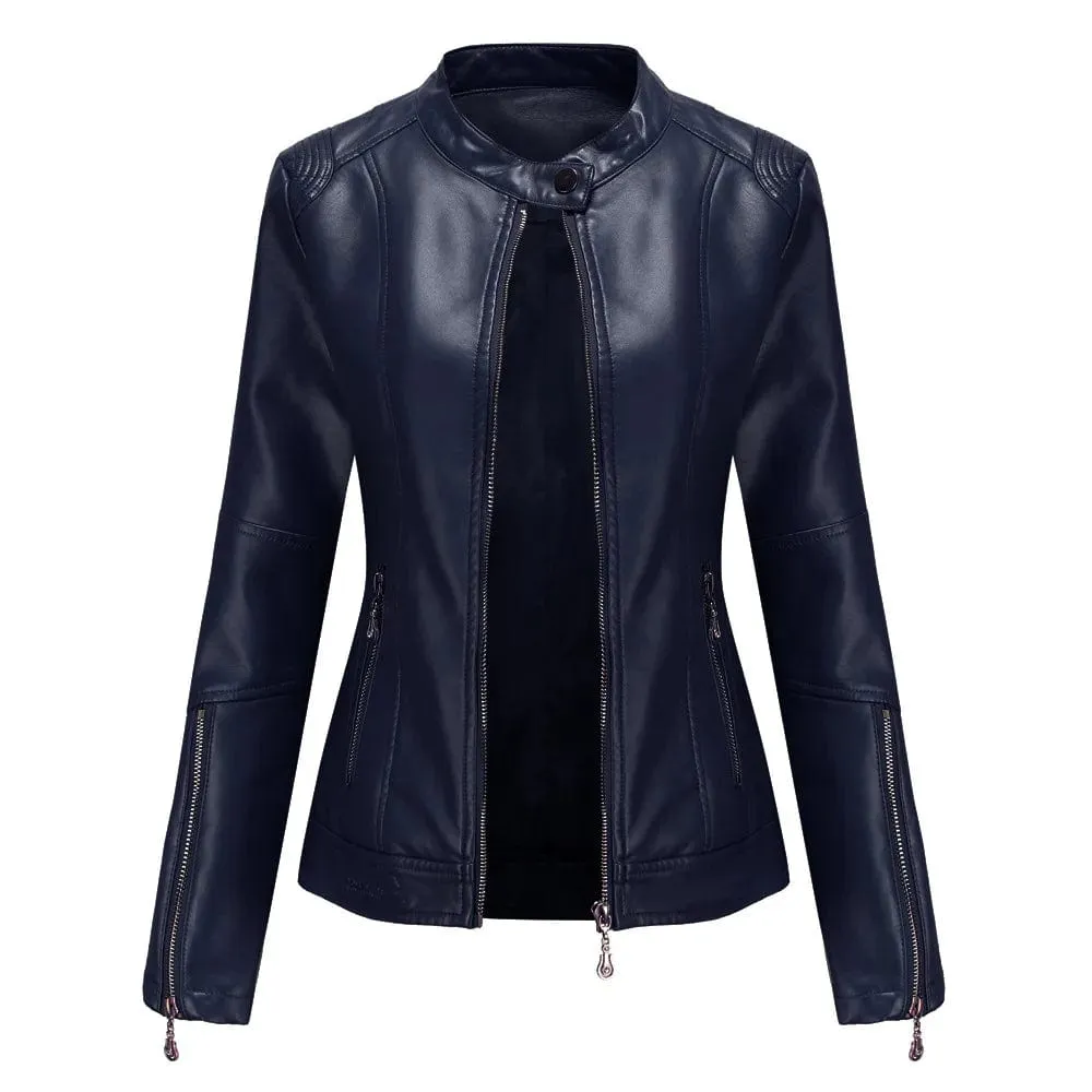 Faux Leather Women Coat Full Sleeve Round Neck Slim Fit Solid Sexy Regular Jackets Zipper