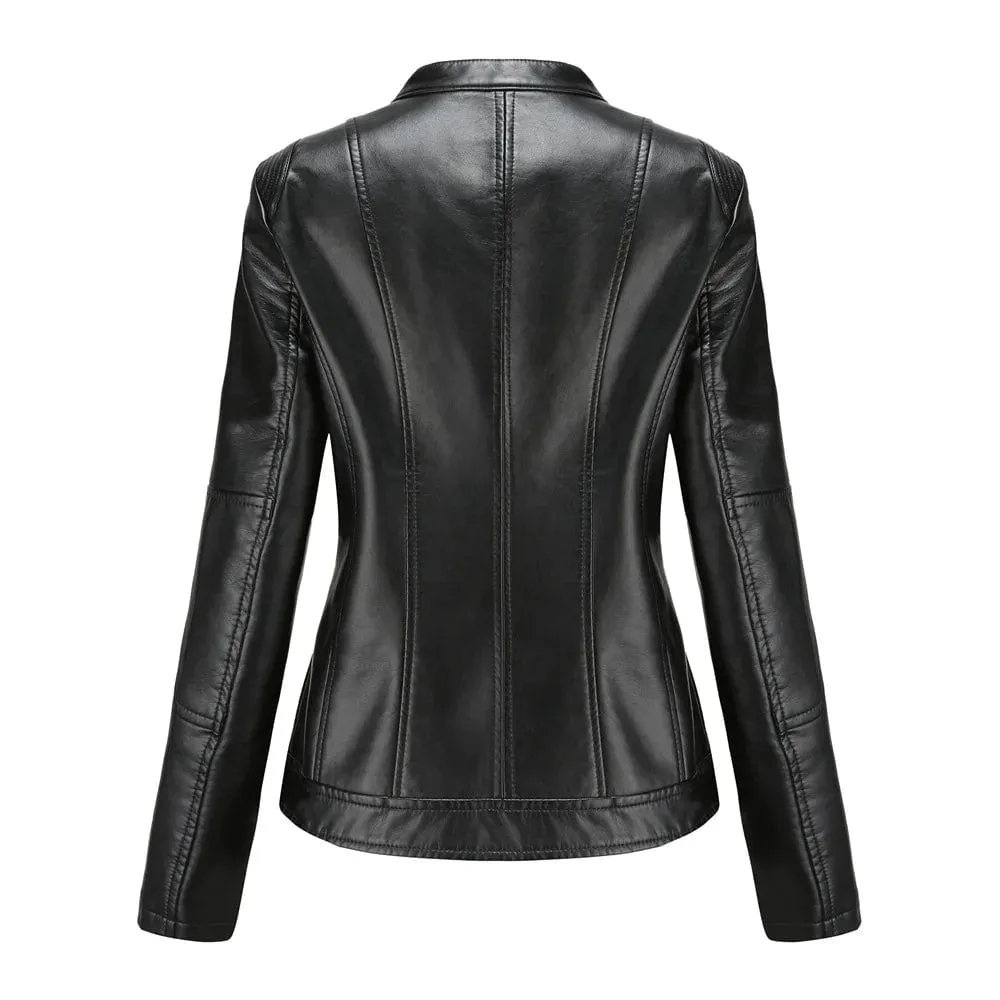 Faux Leather Women Coat Full Sleeve Round Neck Slim Fit Solid Sexy Regular Jackets Zipper