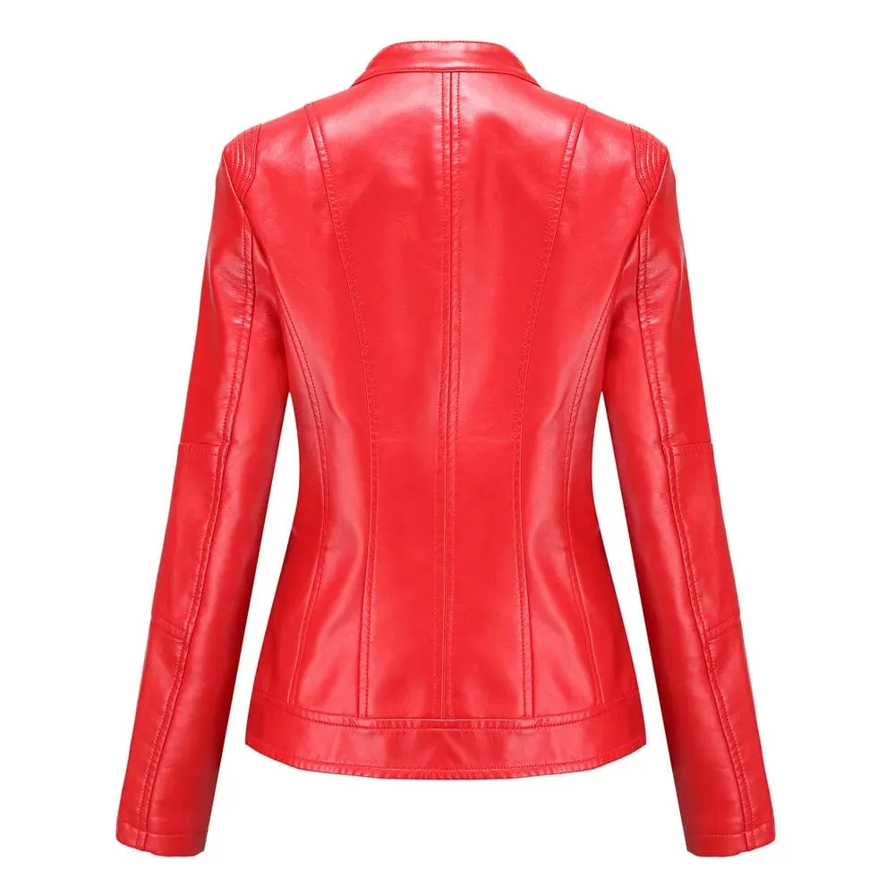 Faux Leather Women Coat Full Sleeve Round Neck Slim Fit Solid Sexy Regular Jackets Zipper