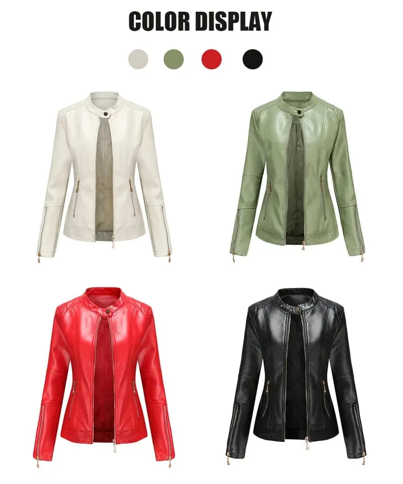 Faux Leather Women Coat Full Sleeve Round Neck Slim Fit Solid Sexy Regular Jackets Zipper