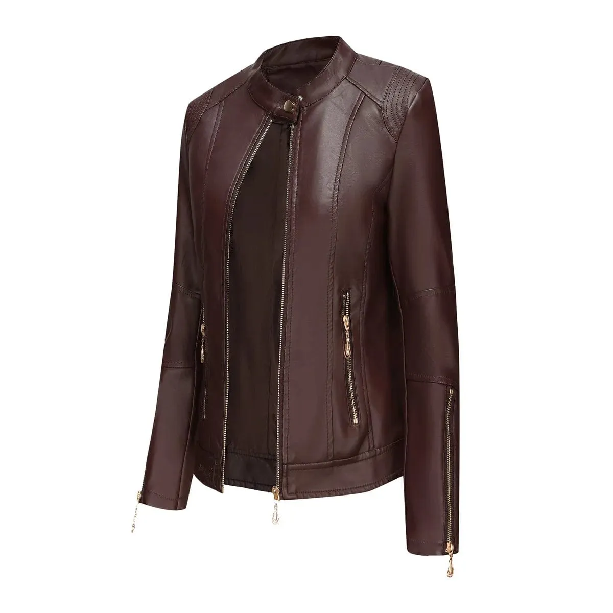 Faux Leather Women Coat Full Sleeve Round Neck Slim Fit Solid Sexy Regular Jackets Zipper