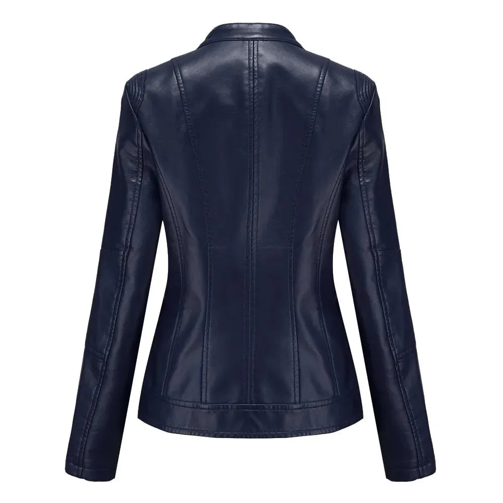 Faux Leather Women Coat Full Sleeve Round Neck Slim Fit Solid Sexy Regular Jackets Zipper