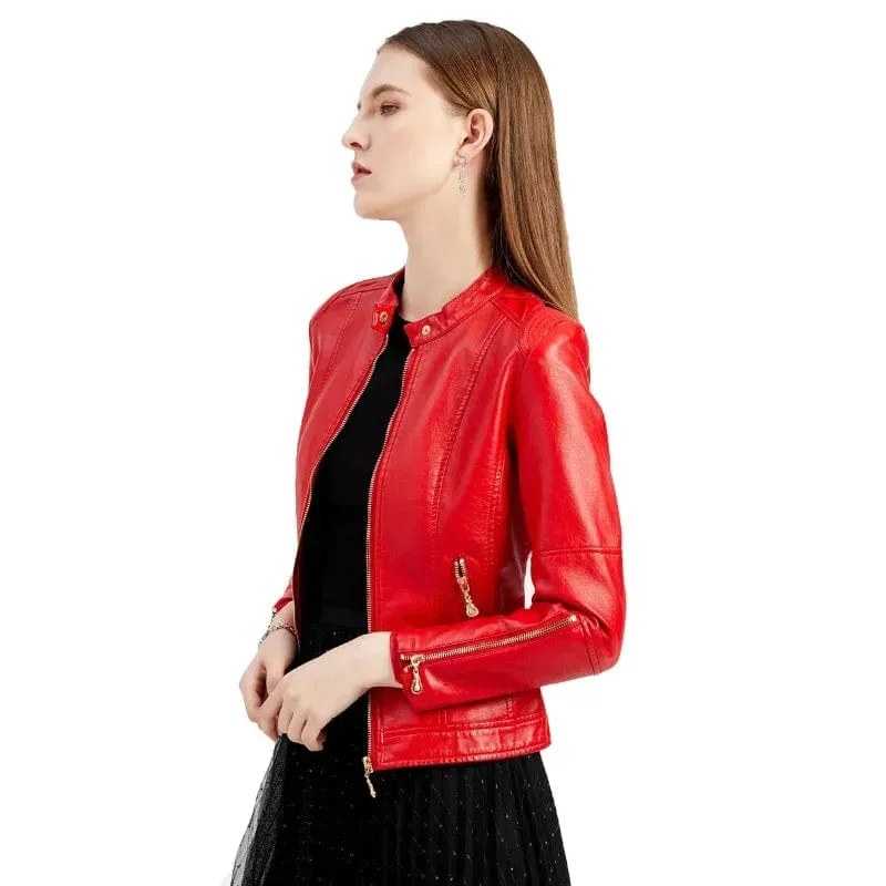 Faux Leather Women Coat Full Sleeve Round Neck Slim Fit Solid Sexy Regular Jackets Zipper